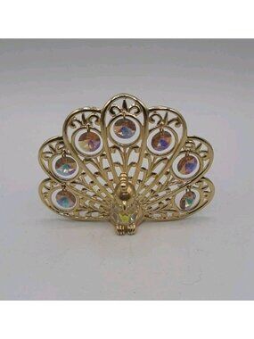 Vintage Gold Plated Peacock Figurine with Pink Aurora Borealis Crystals